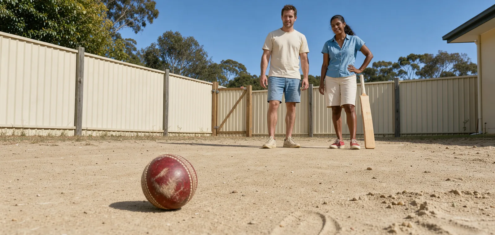 A red cricket ball rests in sandy backyard soil with friends playing casually beyond it.