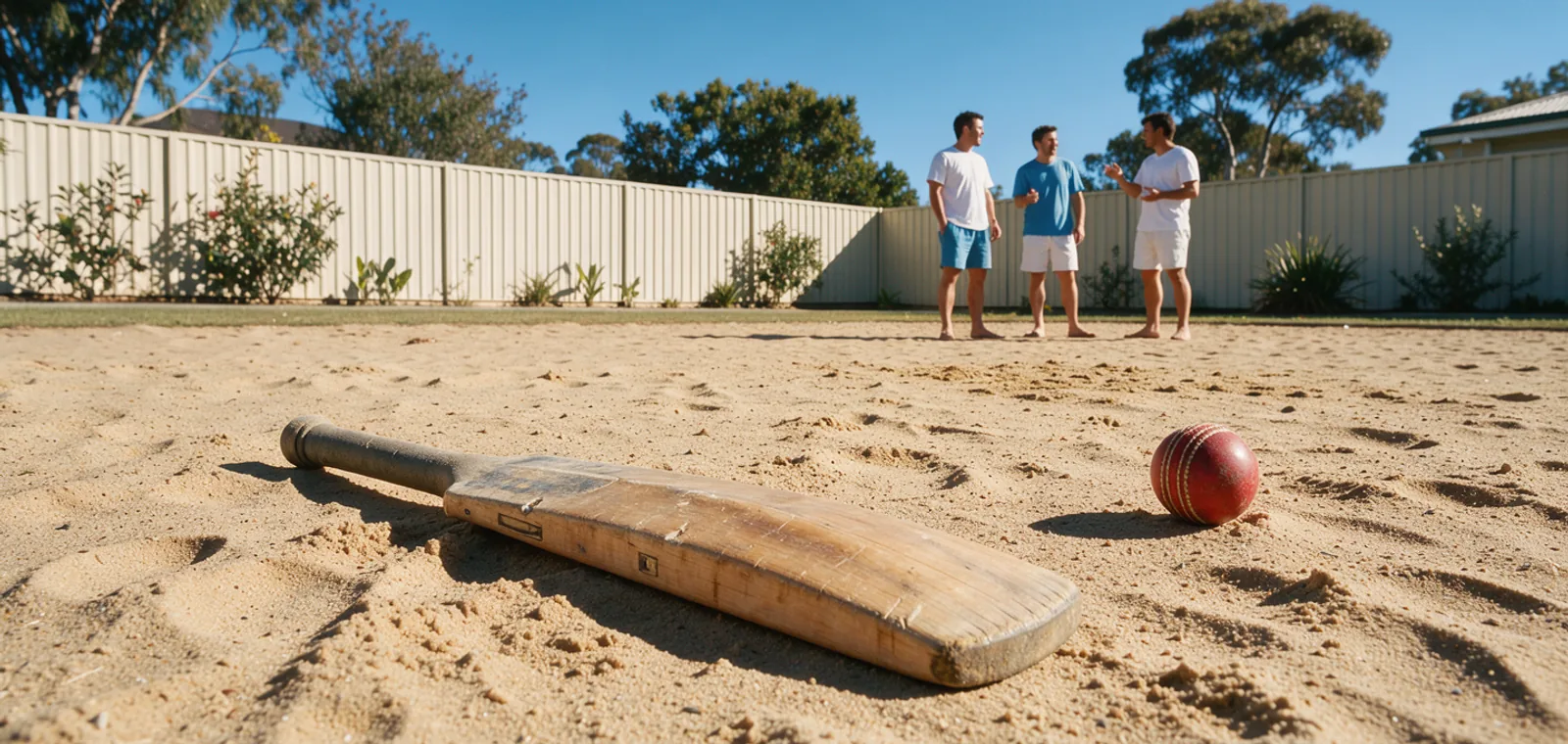An unbranded wooden cricket bat and red ball sit on sand while friends chat by the fence.