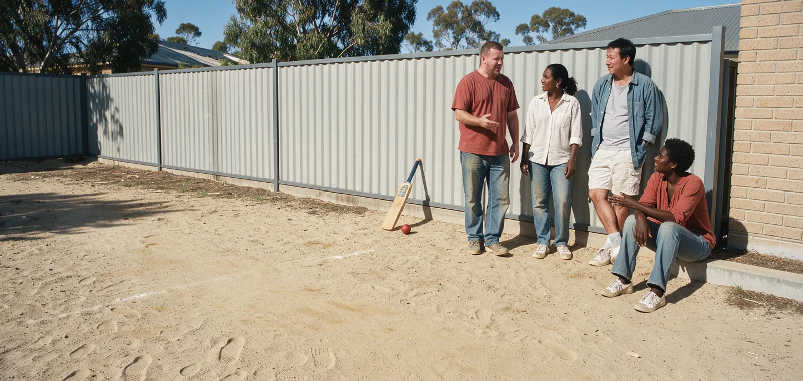 Friends take a quiet break from backyard cricket by a sunlit pale corrugated fence.