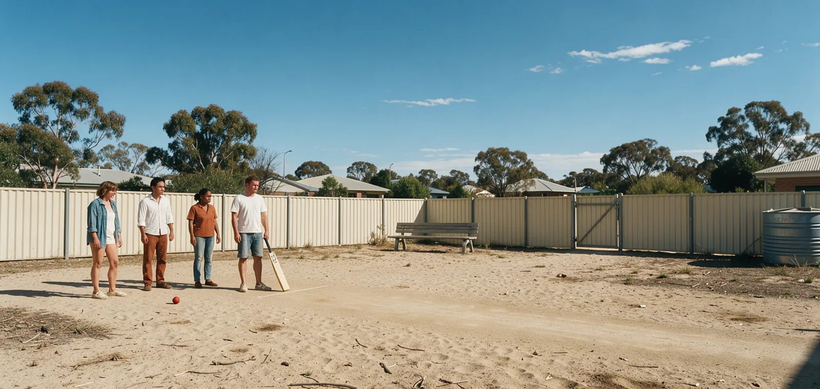 A broad blue sky opens above a pale backyard fence and friends at an easy cricket game on sand.