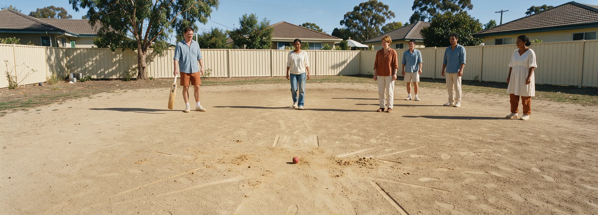 Friends spread out for casual cricket on sandy ground beside a pale corrugated fence under a broad blue sky.