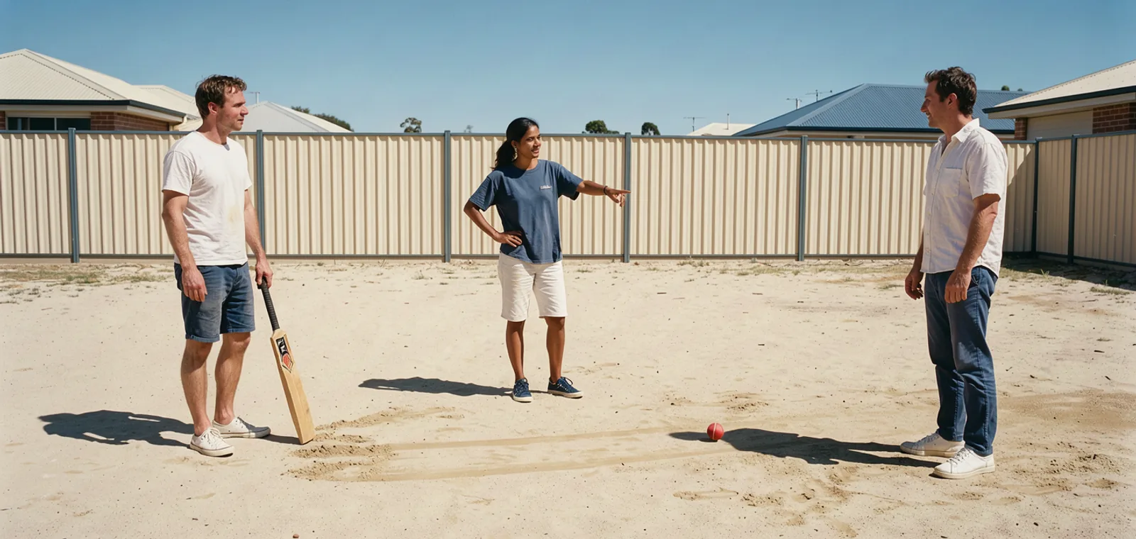 A wide backyard cricket scene with friends loosely spaced across sand and a red ball near the bat.